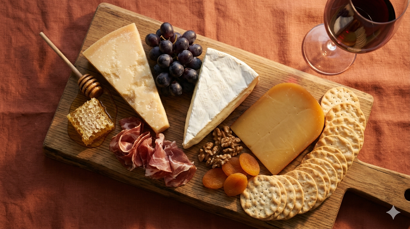 Artisan cheese board with wine, grapes, and charcuterie